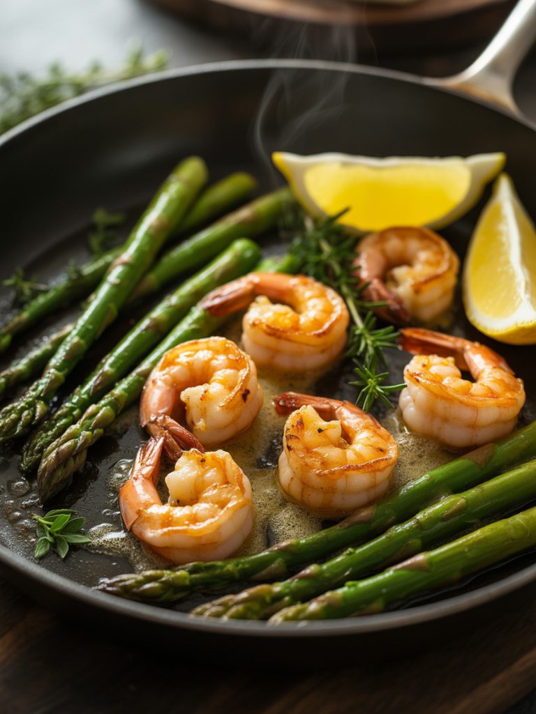 Garlic butter shrimp and asparagus cooking in a cast iron skillet with fresh herbs