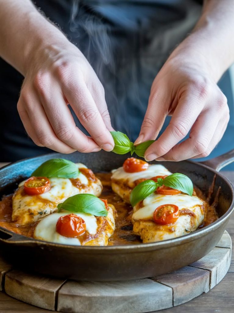 Hands placing fresh basil leaves on hot Caprese chicken with melted cheese and tomatoes
