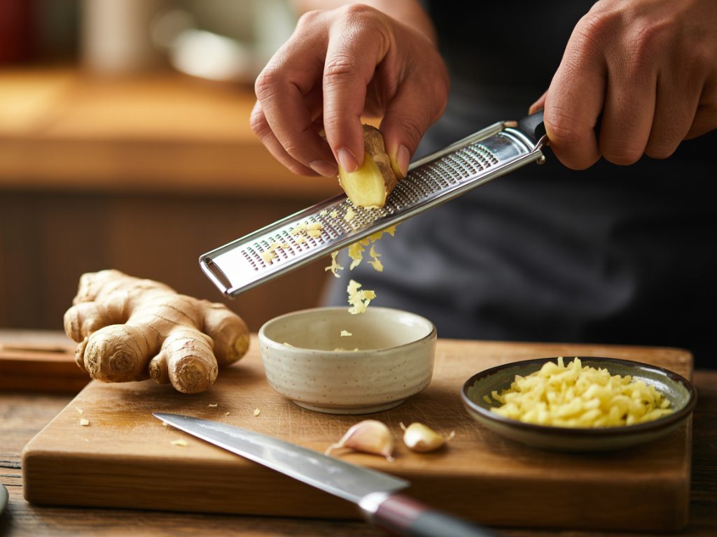 Hands grating fresh ginger root on microplane with minced garlic in bowl on cutting board