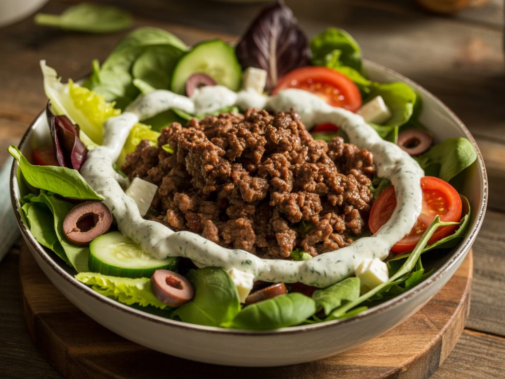 Healthy Greek beef bowl with seasoned ground beef, fresh vegetables, feta cheese and tzatziki sauce