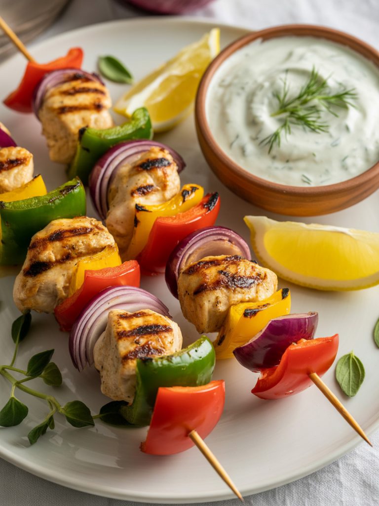 Greek chicken and vegetable kebabs on skewers served with tzatziki sauce and lemon wedges