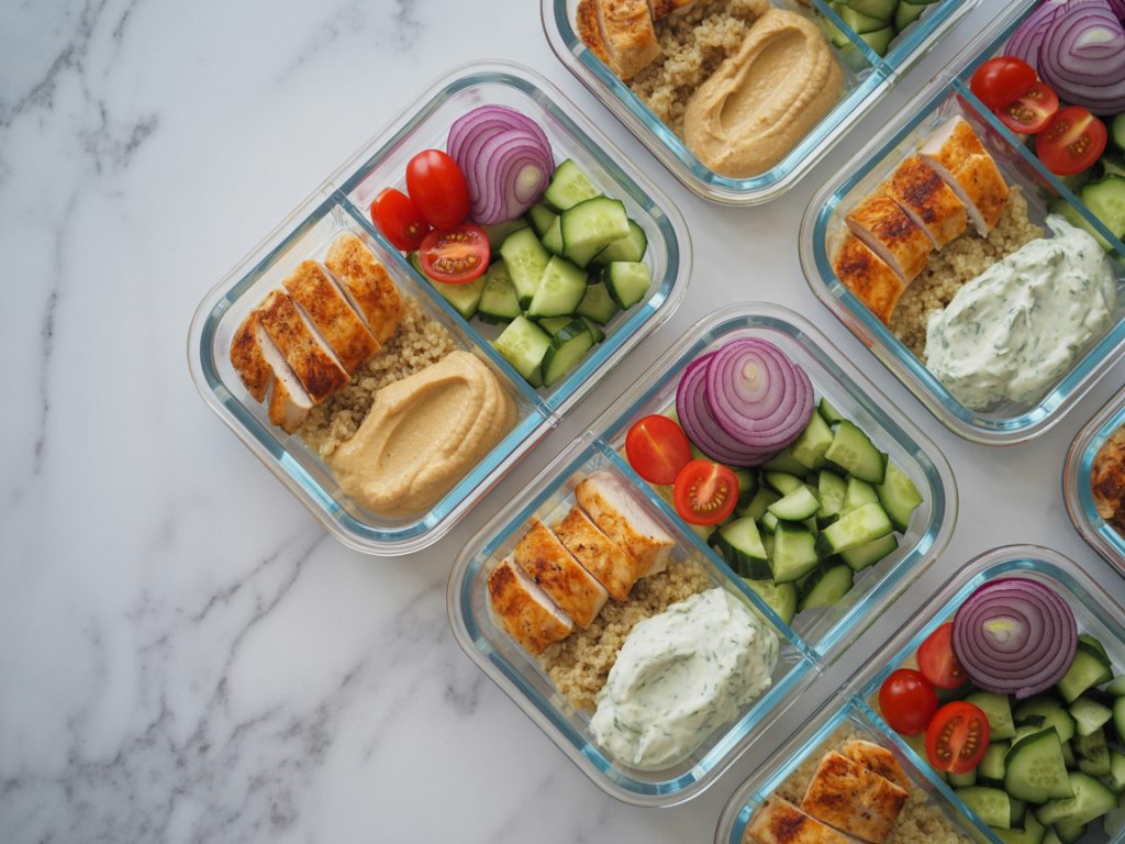 Four glass meal prep containers filled with grilled Greek chicken, quinoa, cucumbers, tomatoes, and tzatziki sauce