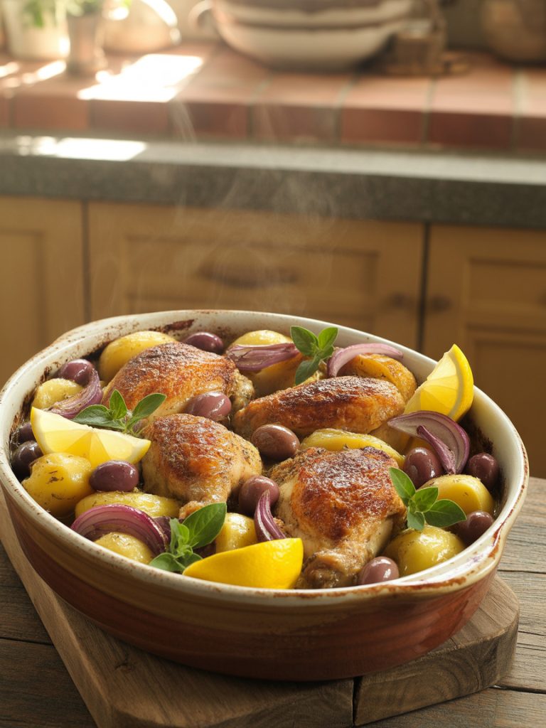 Golden roasted Greek lemon chicken with crispy potatoes, kalamata olives, and fresh oregano in a baking dish