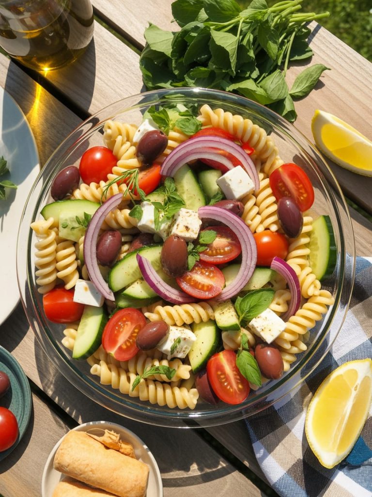 Greek pasta salad with tomatoes, cucumbers, olives, and feta cheese in glass bowl