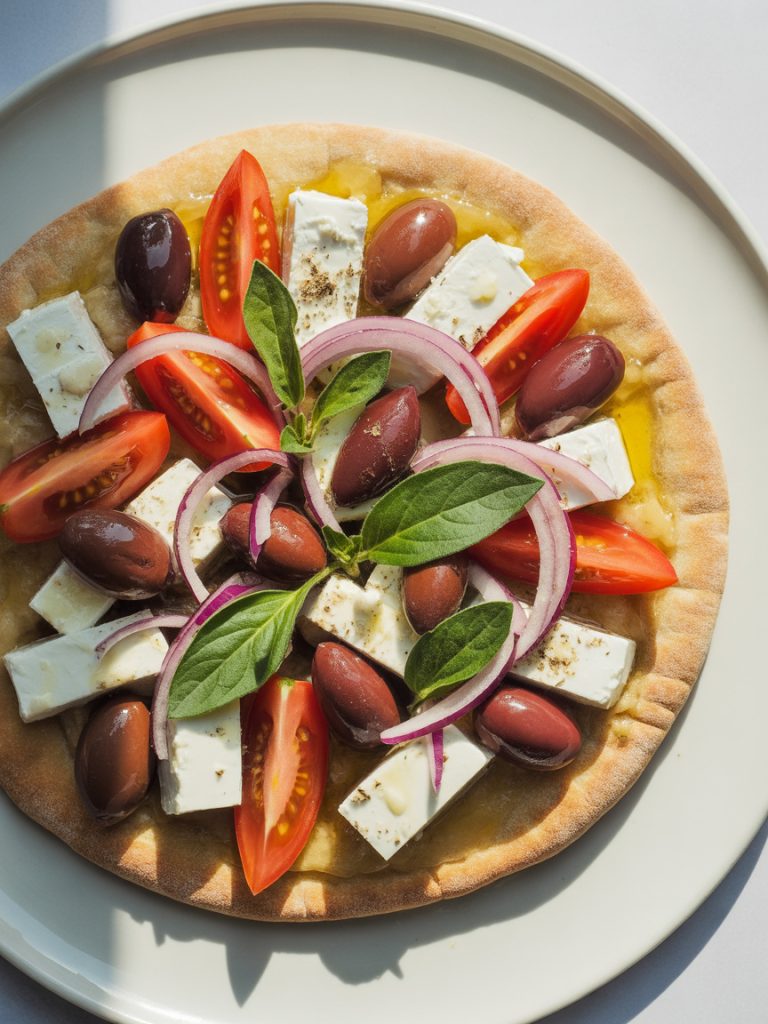 Greek pita pizza topped with crumbled feta cheese, kalamata olives, tomatoes and fresh herbs