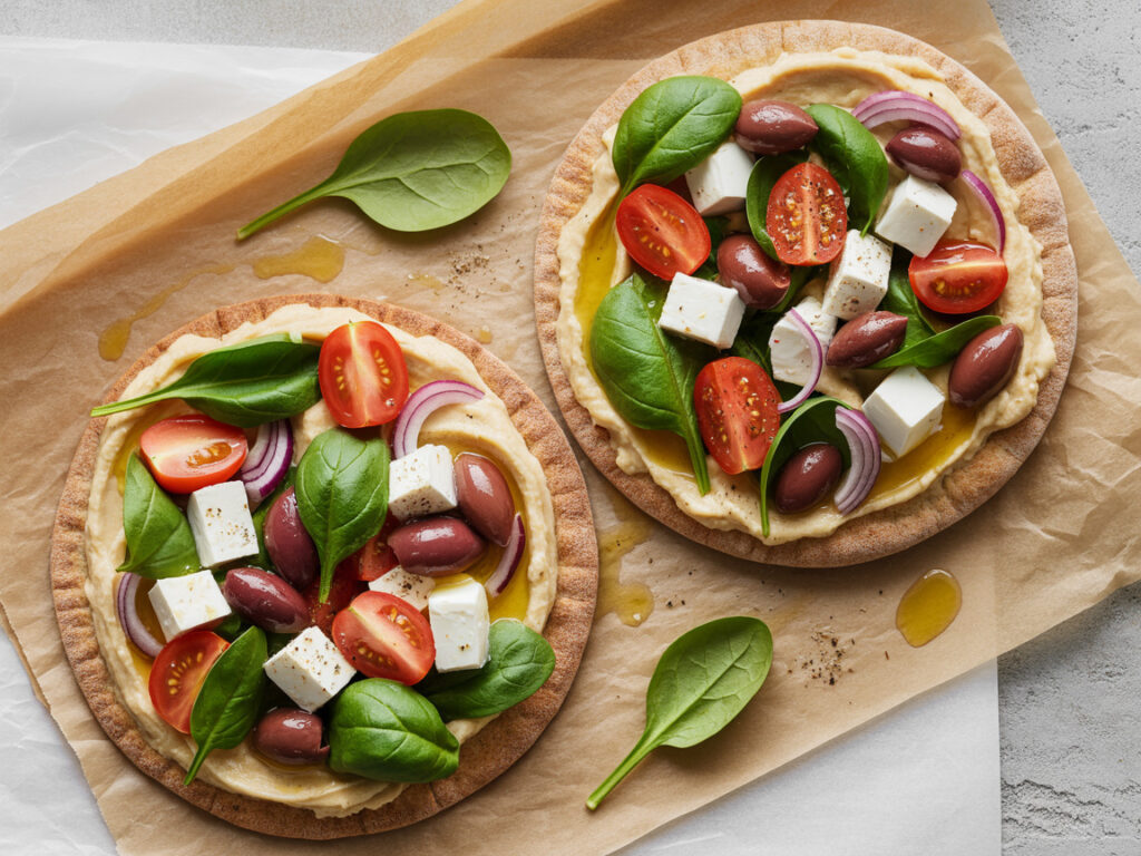 Crispy pita bread pizzas topped with hummus, feta cheese, olives, tomatoes, and fresh spinach