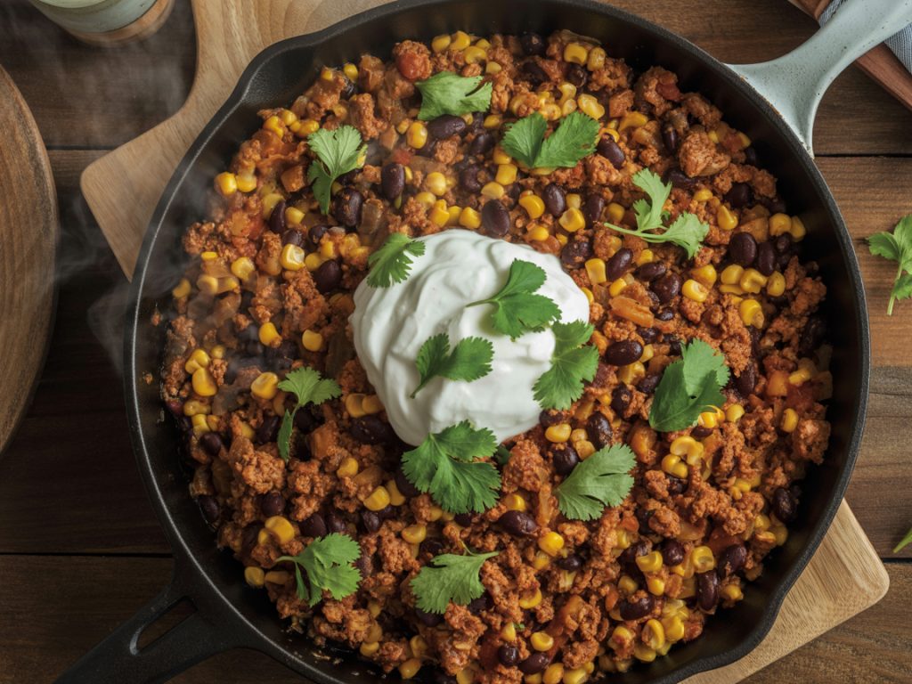 Ground turkey taco skillet in cast iron pan with black beans, corn, and salsa topped with Greek yogurt