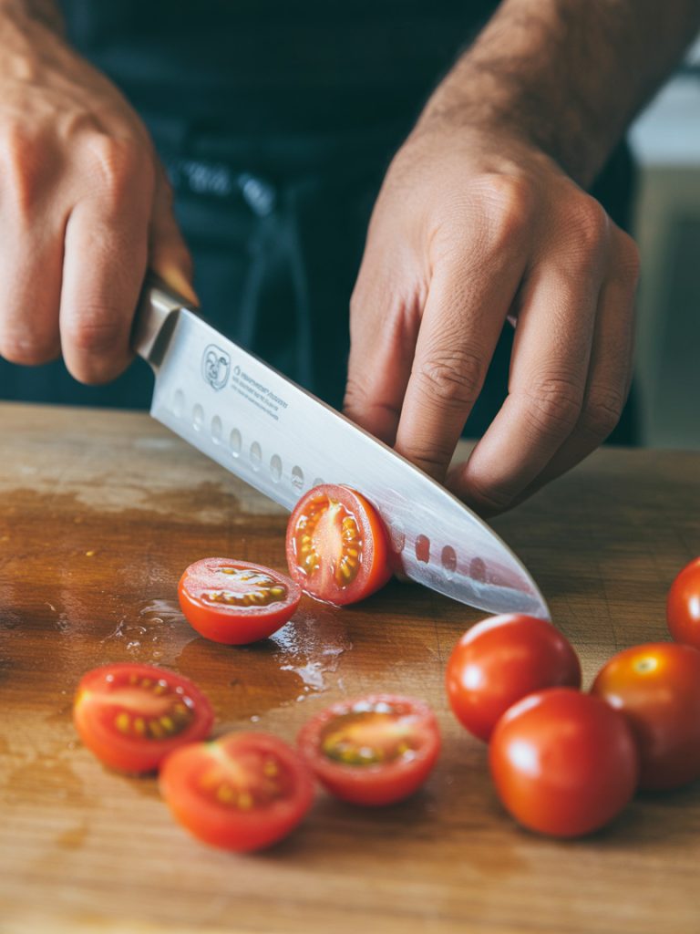 Hands cutting bright red cherry tomatoes in half on wooden cutting board with knife