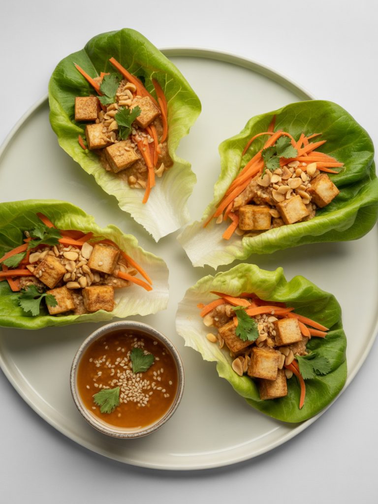 Vegan Asian lettuce wraps with tofu, vegetables, and peanuts
