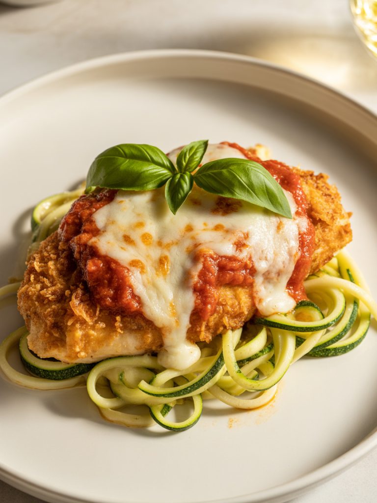 Lightened-up chicken parmesan with marinara and mozzarella served over zucchini noodles