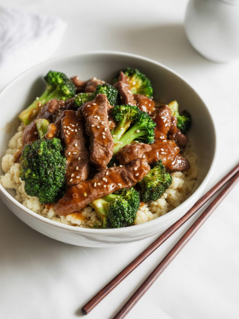 Beef and broccoli stir-fry served over cauliflower rice with sesame seeds in a white bowl