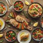 Colorful array of healthy chicken dinner recipes on wooden table with fresh vegetables and herbs