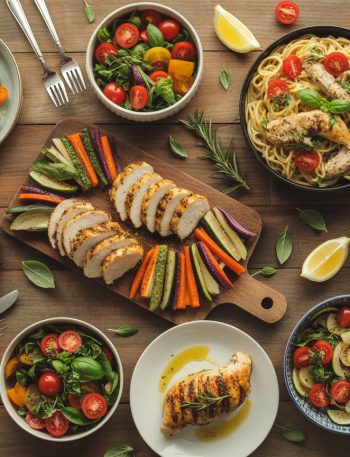 Colorful array of healthy chicken dinner recipes on wooden table with fresh vegetables and herbs
