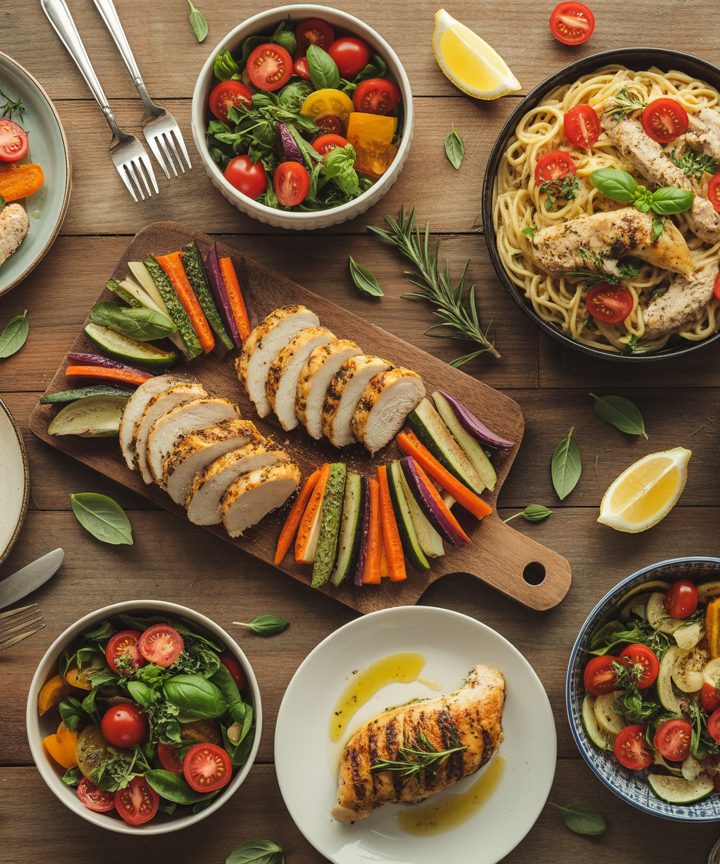 Colorful array of healthy chicken dinner recipes on wooden table with fresh vegetables and herbs