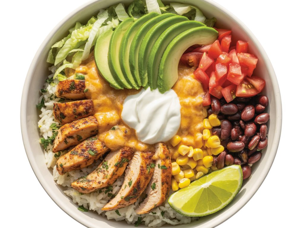 Colorful chicken fajita bowl with rice, beans, corn, avocado and fresh toppings in white bowl