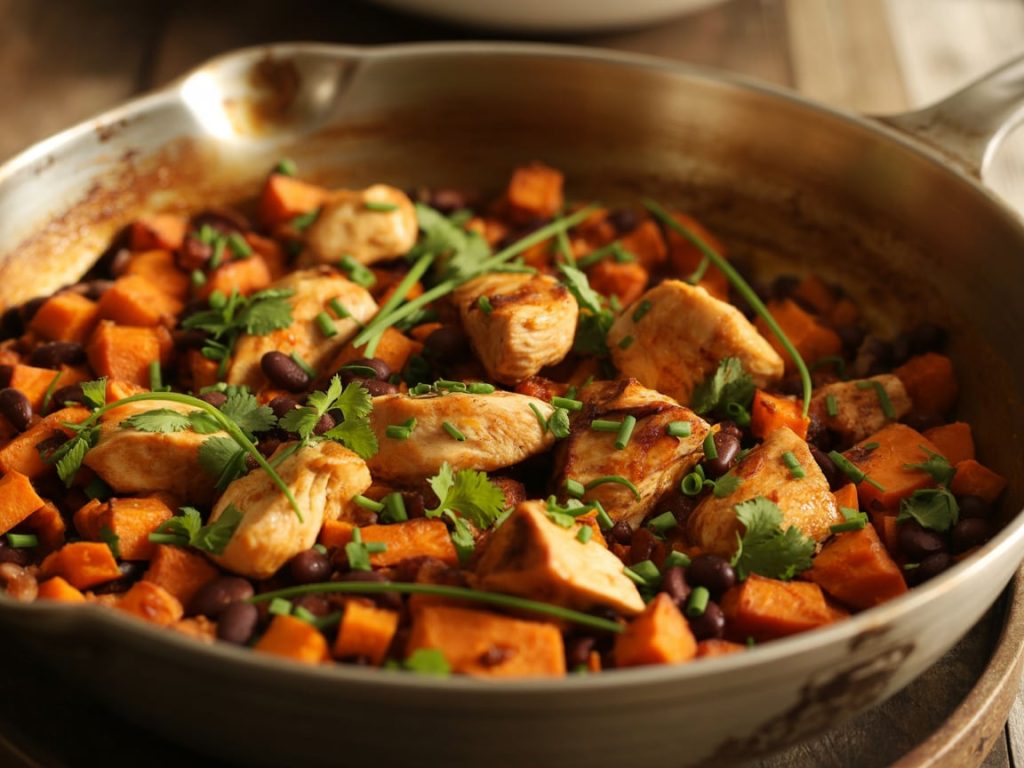 Chicken and sweet potato hash with black beans in cast iron skillet