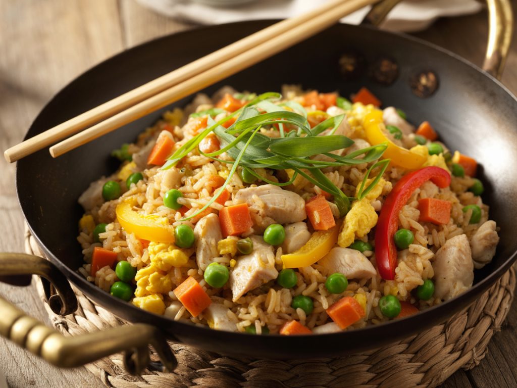 Colorful chicken fried rice with mixed vegetables, egg, and green onions