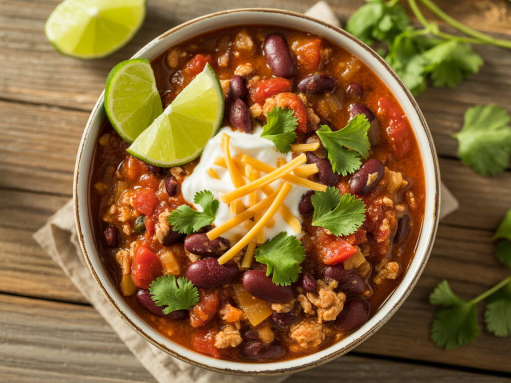 Bowl of healthy turkey chili with beans topped with cheese and Greek yogurt