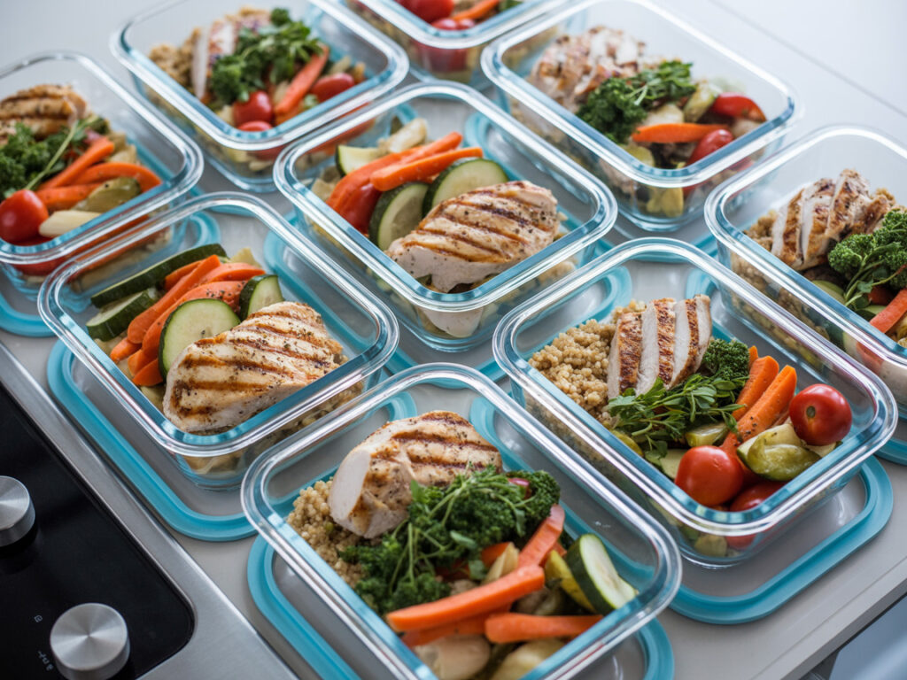 Organized meal prep containers with healthy portioned dinners for the week