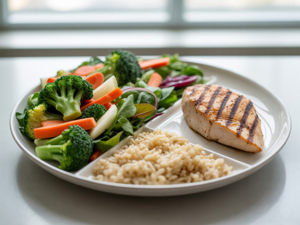 Plate method for healthy dinner portions showing vegetables, protein, and carbs