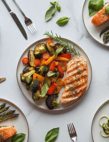 Variety of healthy dinner recipes including grilled chicken, salmon, and vegetables arranged on marble surface