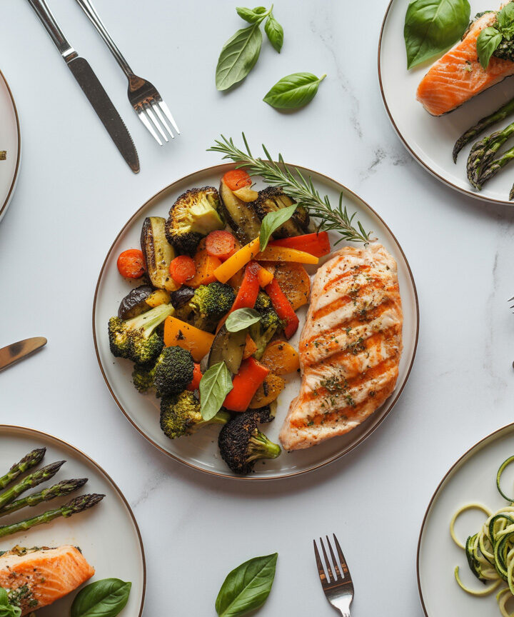 Variety of healthy dinner recipes including grilled chicken, salmon, and vegetables arranged on marble surface
