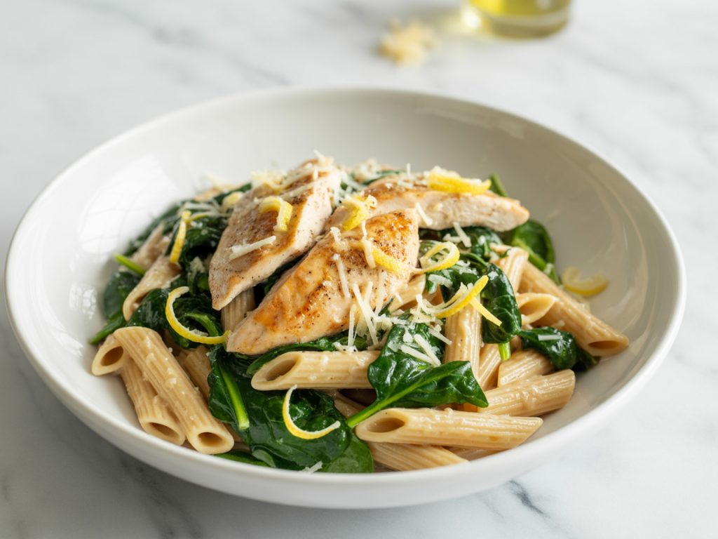Whole wheat pasta with grilled chicken, fresh spinach, and lemon garlic sauce