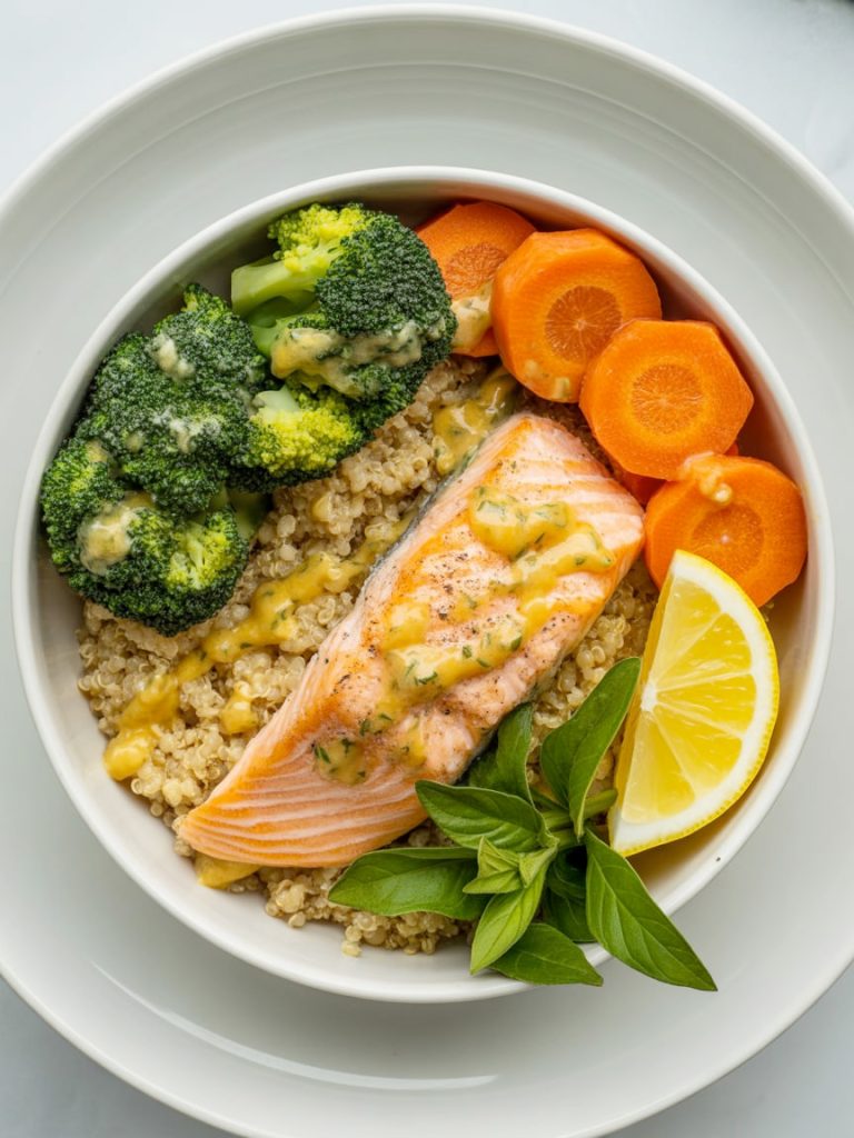 Bowl with quinoa, lemon garlic salmon, broccoli and carrots in healthy salmon bowl presentation