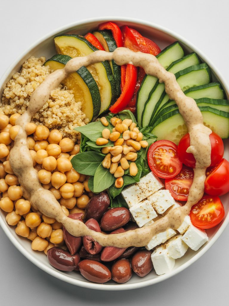 Colorful Mediterranean grain bowl with quinoa, roasted vegetables, chickpeas, feta, and tahini dressing