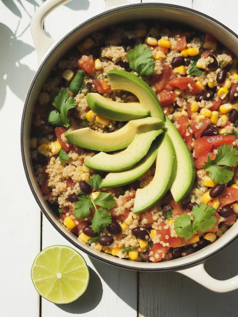 Nutritious one pot quinoa bowl with black beans, corn and tomatoes topped with avocado