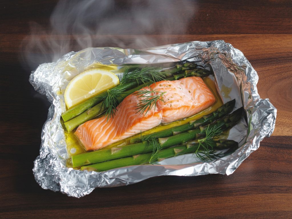 Opened foil packet revealing cooked salmon fillet with asparagus, lemon slices and fresh dill