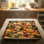 Colorful sheet pan dinner with roasted vegetables and protein on rustic wooden table showcasing healthy one pan meal cooking