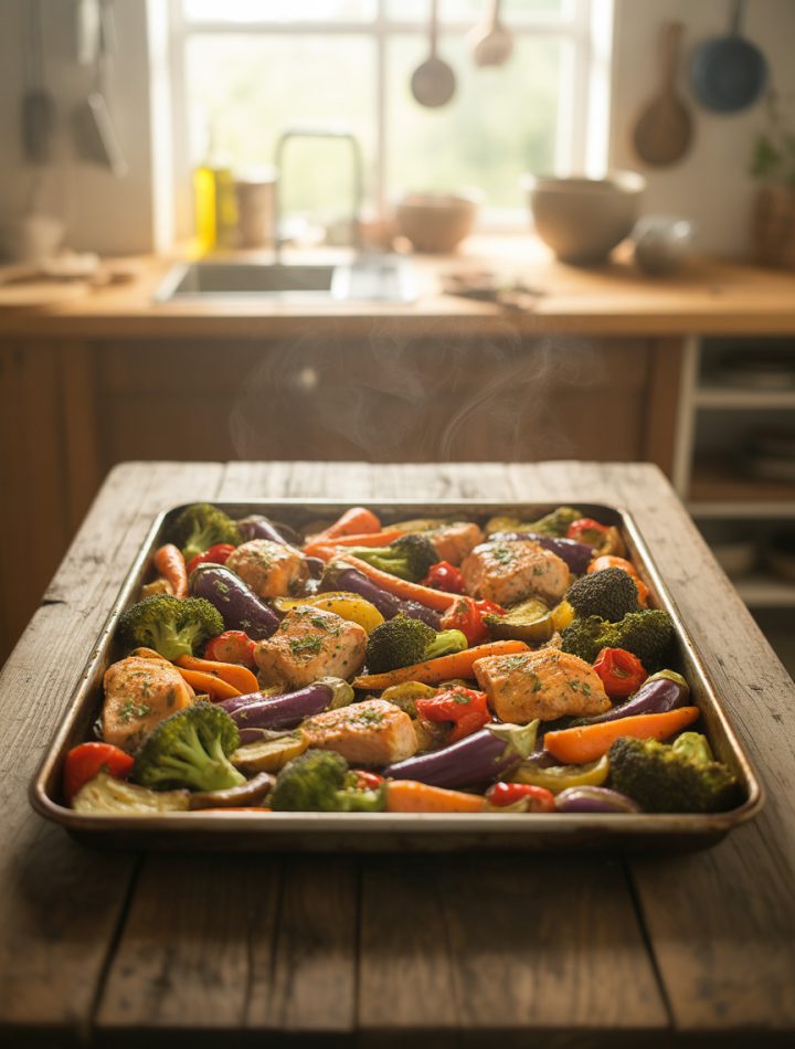 Colorful sheet pan dinner with roasted vegetables and protein on rustic wooden table showcasing healthy one pan meal cooking