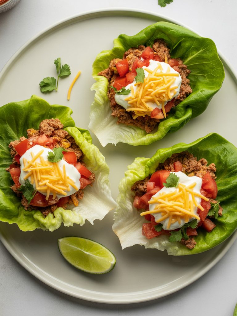 Turkey taco lettuce wraps filled with seasoned meat, tomatoes, cheese, and Greek yogurt on a white plate