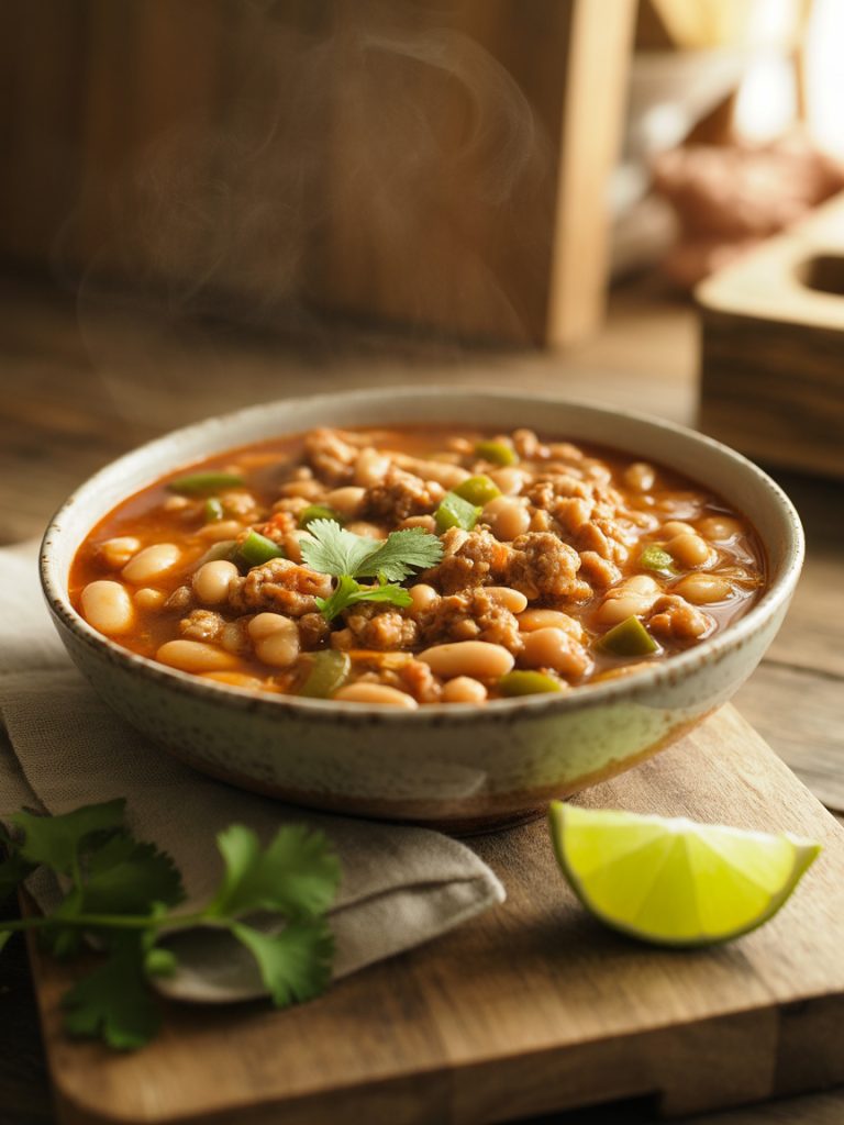 Bowl of turkey white bean chili topped with fresh cilantro and lime