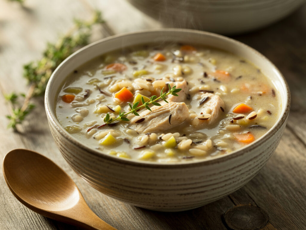 Bowl of chicken wild rice soup with vegetables and herbs