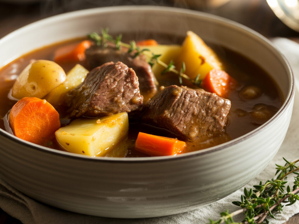 Tender beef stew with chunks of meat, potatoes, and carrots in rich brown gravy