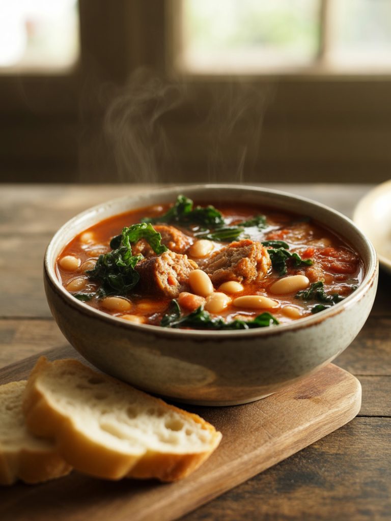 Bowl of Italian sausage kale soup with white beans in tomato broth