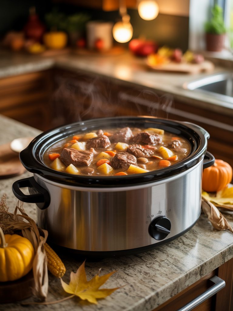 Slow cooker filled with tender beef stew with potatoes, carrots and rich brown gravy