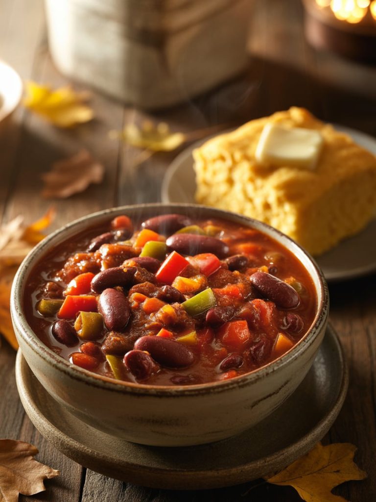 Bowl of vegetarian bean chili with square of golden cornbread