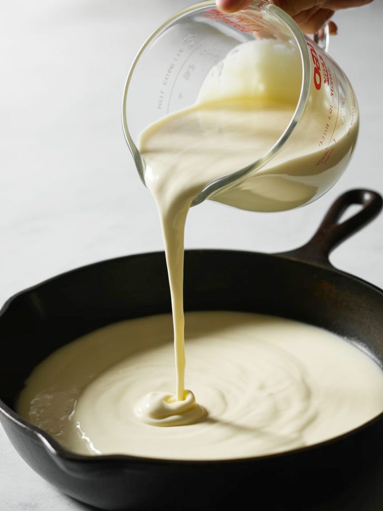 Thick white heavy cream being poured from measuring cup showing rich texture for sauce