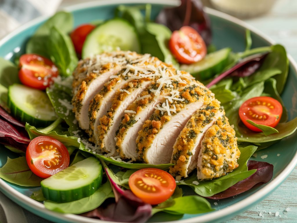 Sliced air fryer chicken breast with golden herb and parmesan crust on bed of mixed greens