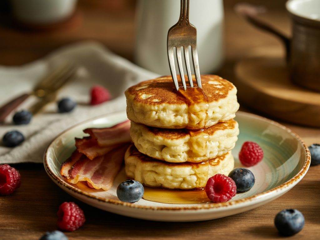 Stack of fluffy cottage cheese protein pancakes with turkey bacon on rustic plate