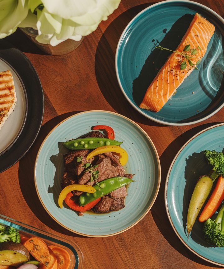 Variety of high protein dinner recipes including grilled chicken, salmon, and beef arranged on a rustic wooden table with weights in background