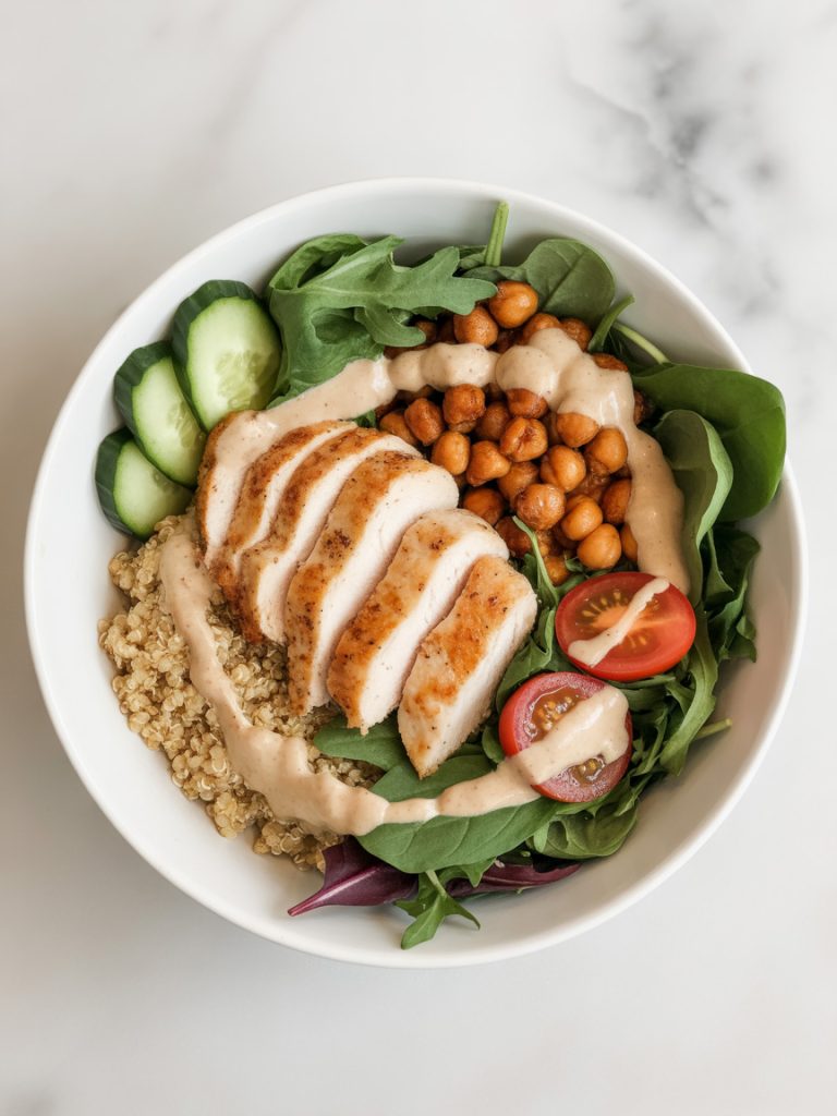 Grilled chicken power bowl with quinoa, chickpeas, greens, and tahini dressing in a white bowl