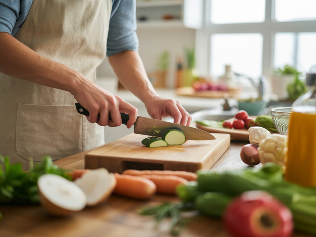 Person cooking a quick dinner in a modern home kitchen with fresh ingredients