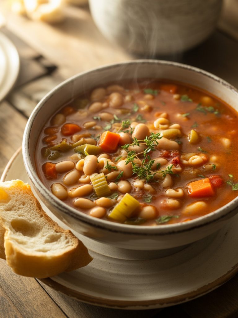 Hearty bean vegetable soup with carrots celery tomatoes budget friendly meal under nine dollars
