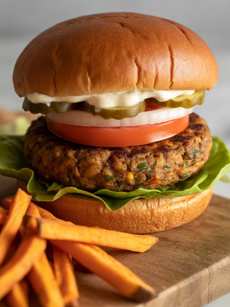 Vegan black bean burger on bun with fresh toppings and fries