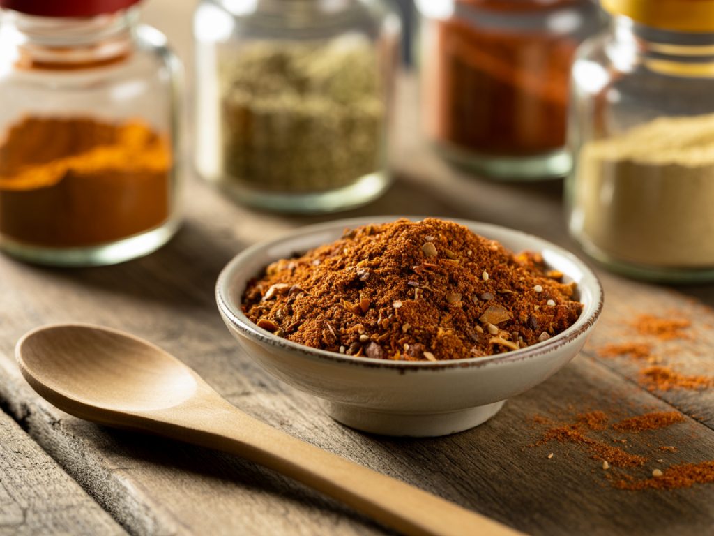 Close-up of homemade fajita seasoning mix in white bowl with spice jars in background