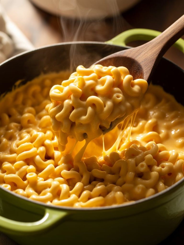 Creamy homemade one pot mac and cheese with melted cheddar in a large pot